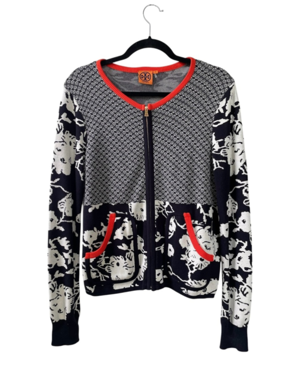 Tory Burch Navy White Floral Geometric Zip Front Cotton Cardigan M